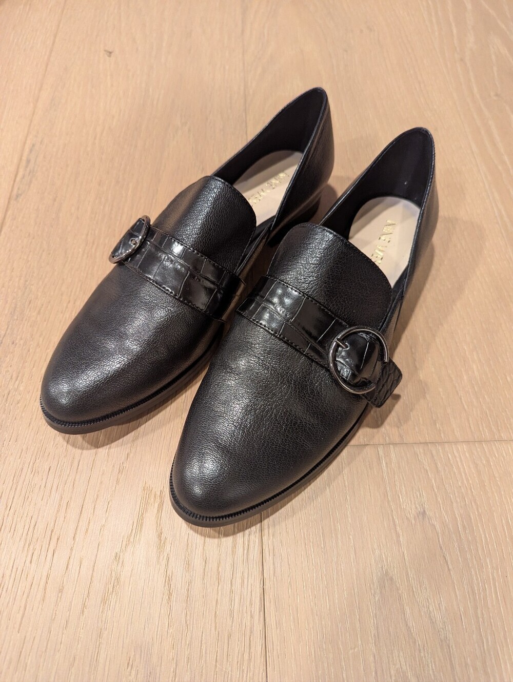 Nine West Black Leather Slip-On Loafers with Buckle Accent